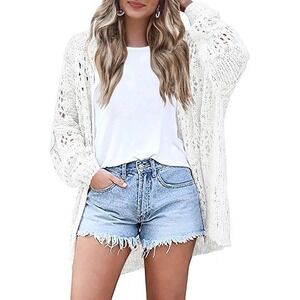 HOTOUCH Women White Crochet Knit Open Front Long Sleeve Cardigan Sweater L